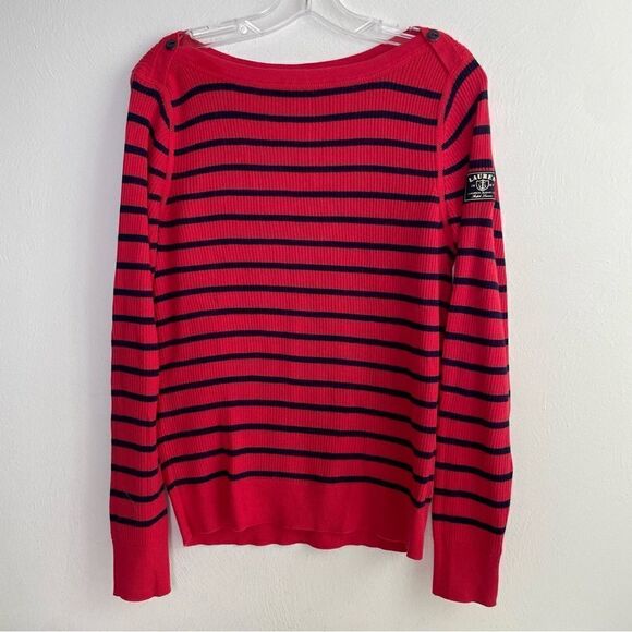 RALPH LAUREN Ribbed Nautical Stripe Boatneck Bateau Long Sleeve Cotton Shirt Top - Picture 4 of 16